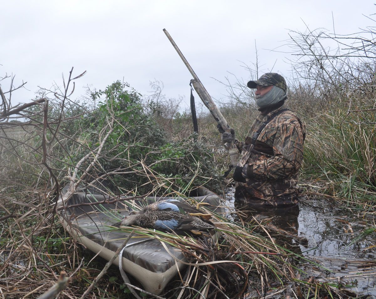 Steve Biggers hunting teal ducks. Hunter standing in wetlands with blue teal ducks displayed on the bow of the boat