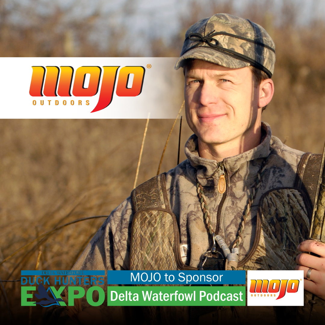 Joel Brice, host of the Delta Podcast can be seen in his hunting gear with article information around him.