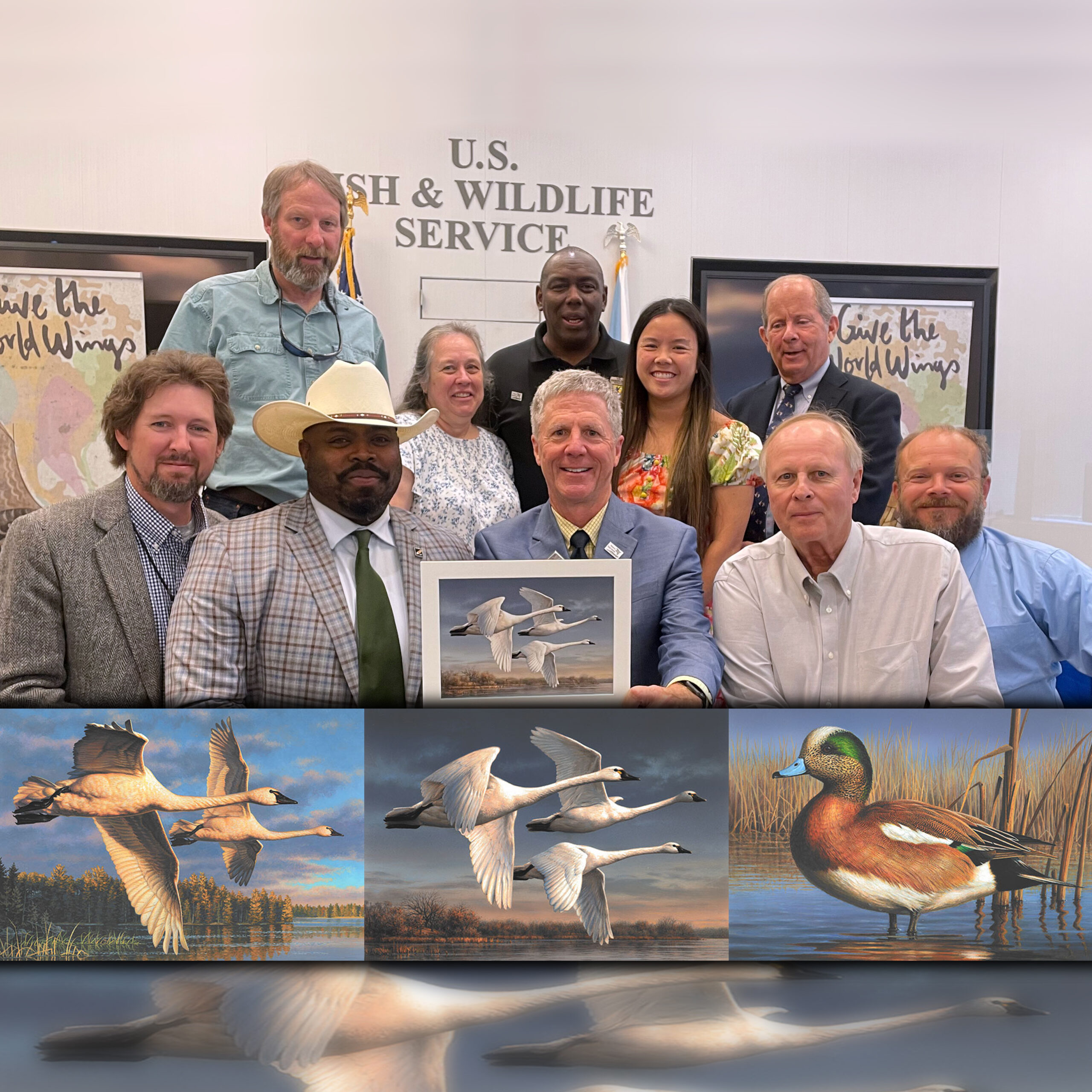 A Photo Collage of the decision-makers for the US Duck Stamp and the top three paintings are shown.