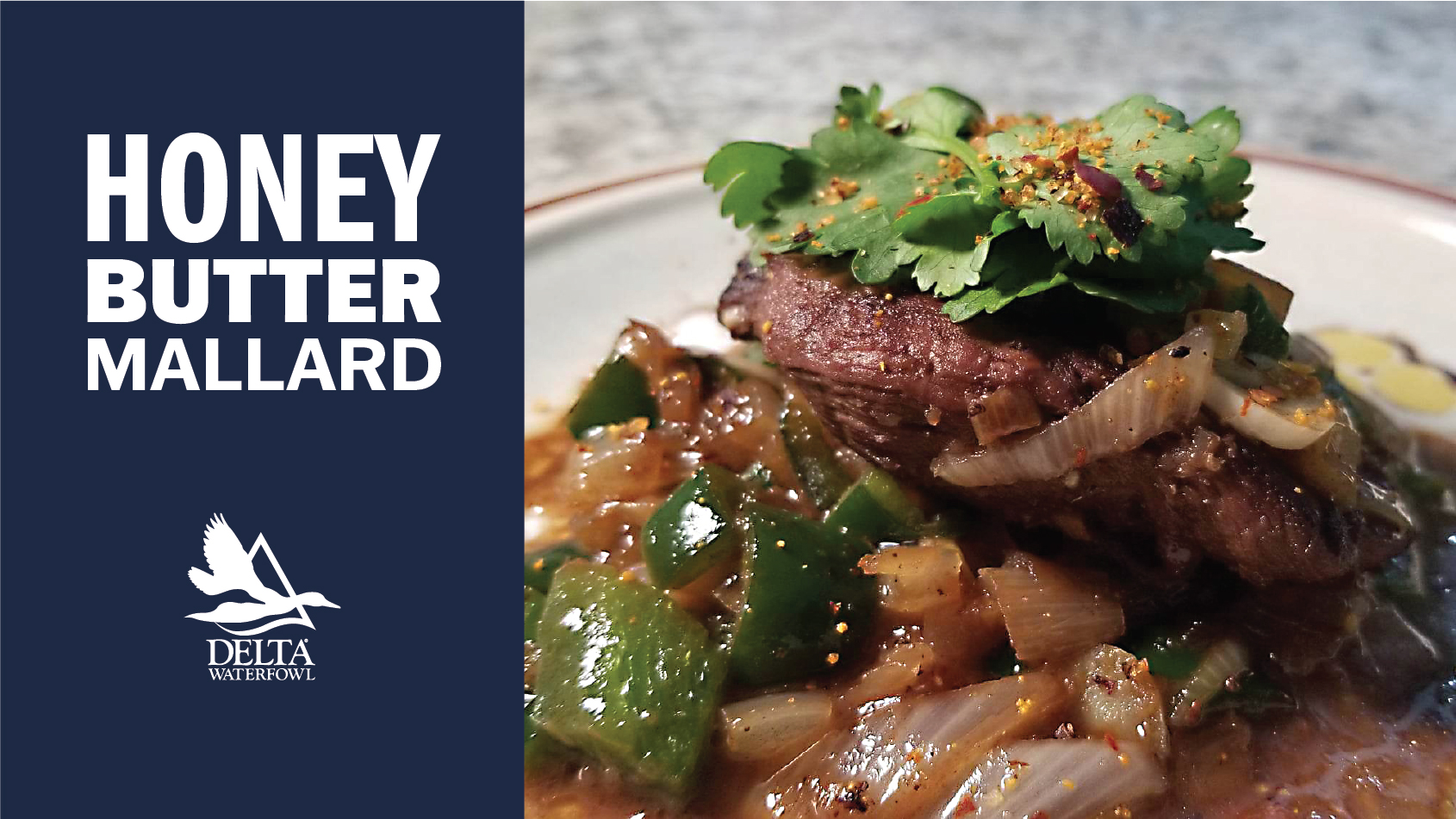 The duck breast is pictured on top of the cooked vegetables with sauce. Cilantro garnishes the top.
