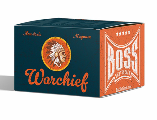 A promotional image of a Warchief shells box can be seen on a white background with a shadow. The box is set in a three-dimensional style. We can see the main side, set in black with orange, script text for "Warchief" with an orange circular emblem in the center with a Native American male head in a feather headress.