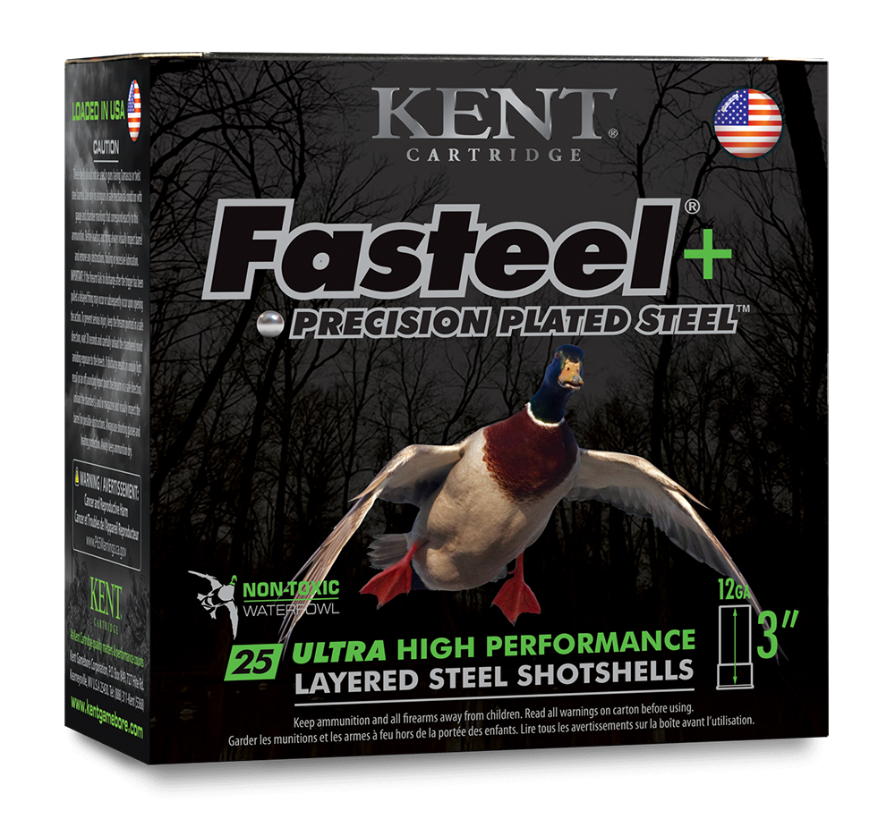 A promotional image of a Kent Fasteel+ shell package is shown on white. The black box is adorned with a drake mallard in flight, amongst the brand text.