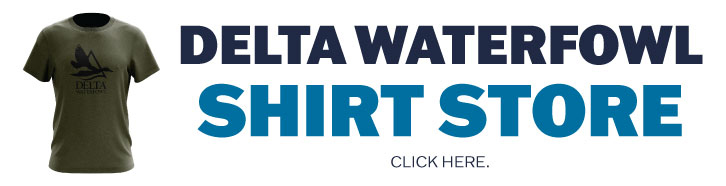 Graphic with a Tshirt and Text directing people to Delta Waterfowl's Tshirt Store