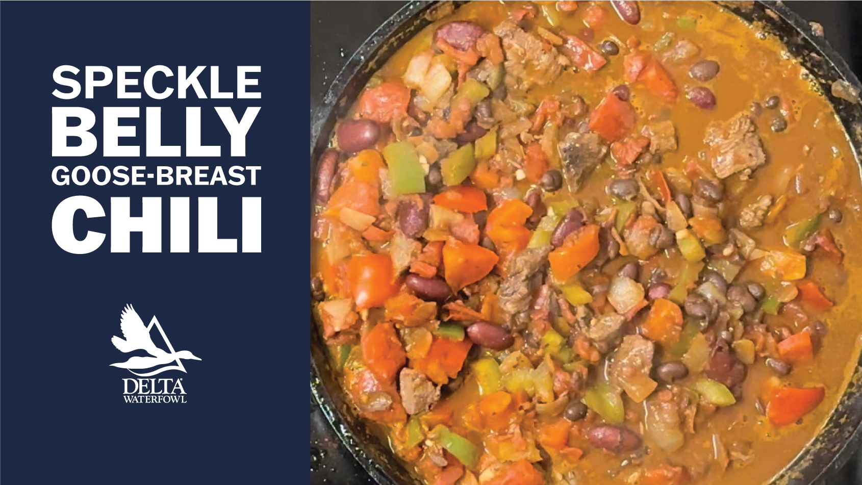 A cast-iron skillet on a stove is full of hot specklebelly goose chili.