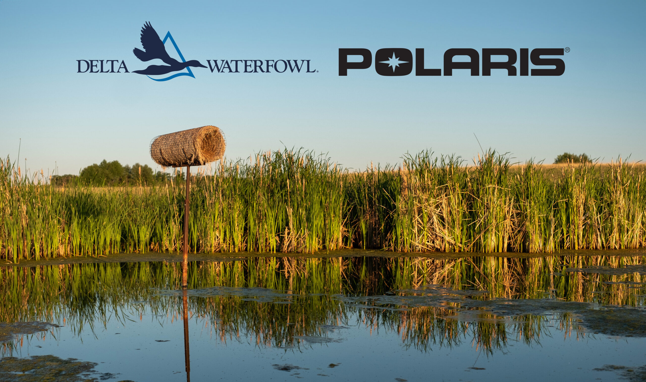 A Delta Waterfowl Hen House stands in a wetland in the PPR. The Delta Waterfowl and Polaris logos appear overhead.
