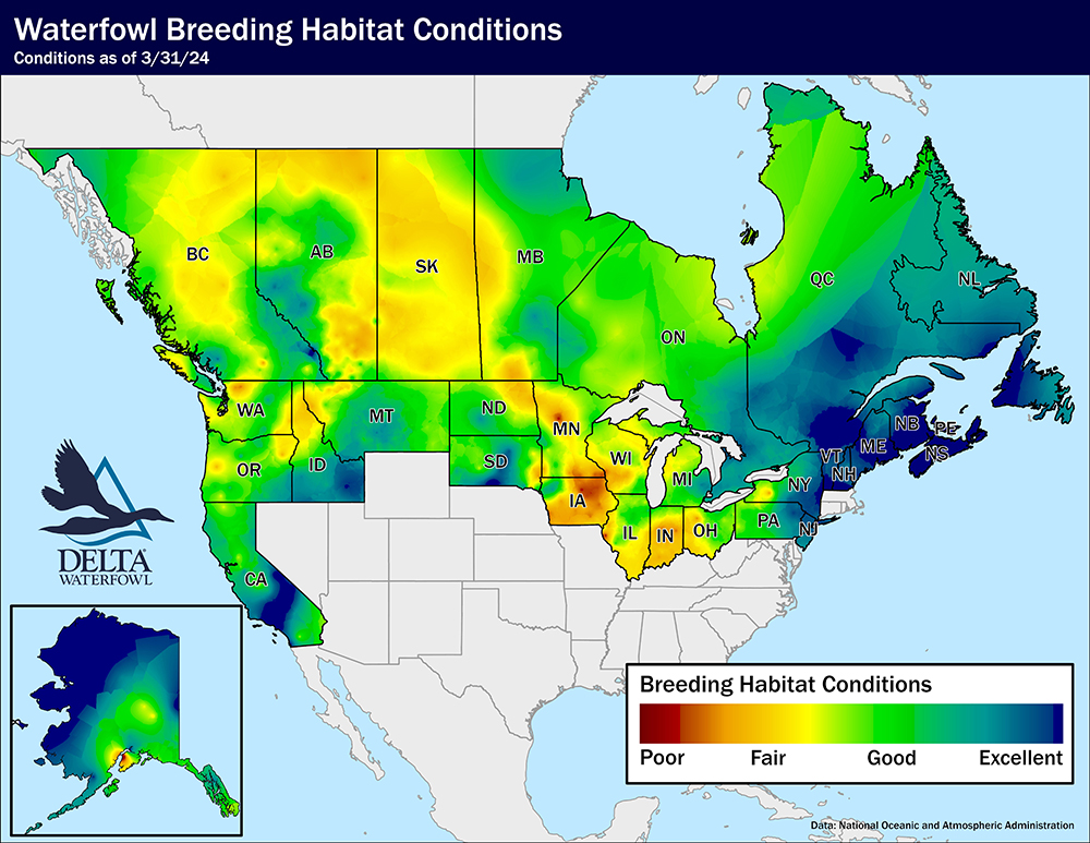 A moisture data map shows the water conditions across the breeding grounds of North America.